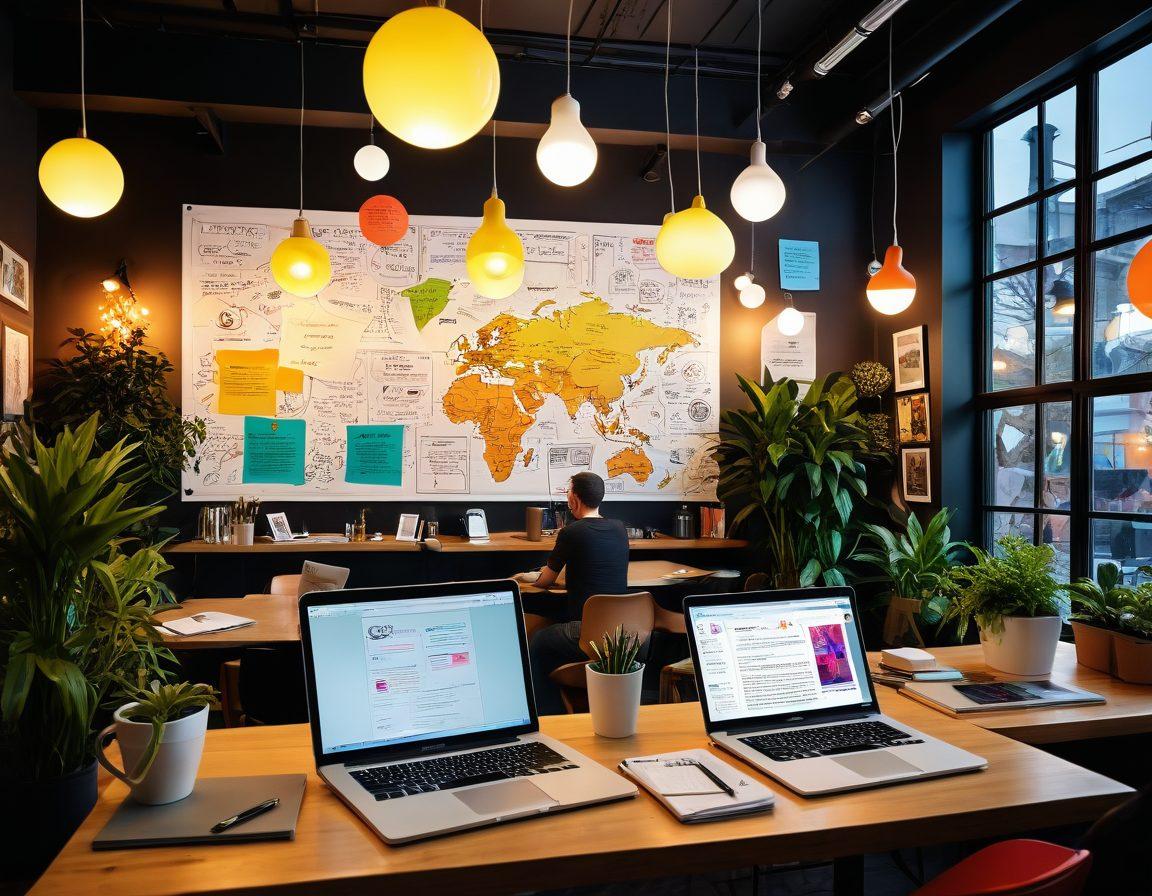 A vibrant online journal filled with colorful notes, sketches, and engaging blog posts, surrounded by diverse bloggers interacting through laptops and tablets. Include visual elements like chat bubbles, light bulbs for inspiration, and a globe symbolizing global connection. The background should be a lively café setting, filled with plants and warm lighting, creating a cozy yet energetic atmosphere. super-realistic. vibrant colors. 3D.