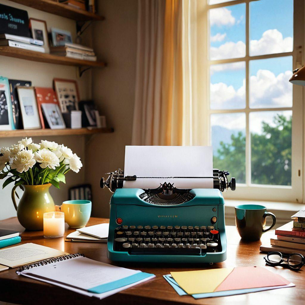 A captivating workspace featuring a vintage typewriter with cascading sheets of paper, each displaying snippets of blog posts. Surround the typewriter with vibrant stationery, digital gadgets, and a glowing laptop, symbolizing the fusion of traditional and modern blogging. In the background, create a dreamy cloud filled with colorful thought bubbles representing ideas and creativity. Soft, inviting light filters in through a window, illuminating the scene. super-realistic. vibrant colors. cozy atmosphere.