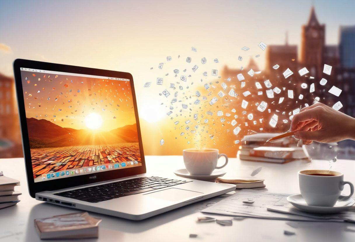 A dynamic scene depicting a blogger enthusiastically typing on a laptop, surrounded by notes, a coffee cup, and vibrant books. The background features a rising sun symbolizing new opportunities, with digital icons representing social media and engagement floating around. Include vibrant colors to convey creativity and energy. super-realistic. vibrant colors. white background.